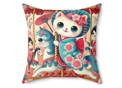 Geisha Kitten's Enchanted Carousel Ride Spun Polyester Square Pillow