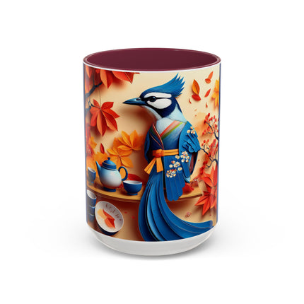 Blue Jay at an Autumn Tea Ceremony Colorful Mugs (11oz, 15oz)