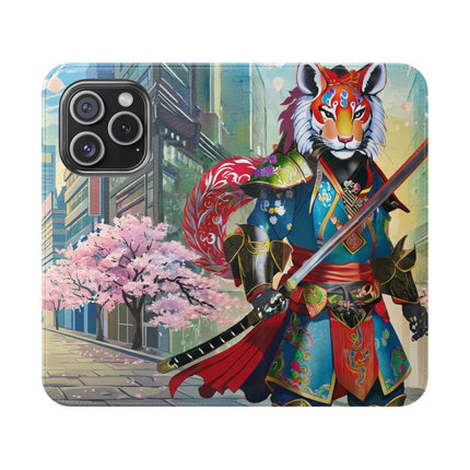 🦁🦊⚔️ Cyberpunk Lion Samurai Flip Case – Futuristic Honor & Kitsune Spirit