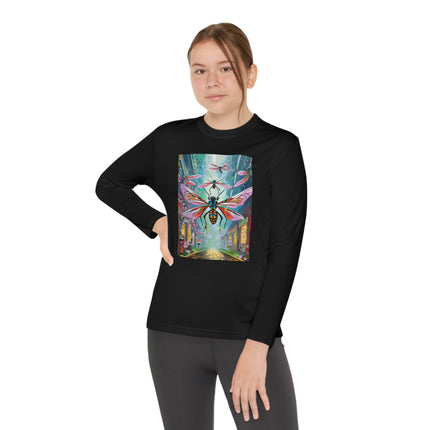 Neon Swarm Youth Long Sleeve Competitor Tee – Cyberpunk Flight & Futuristic Energy