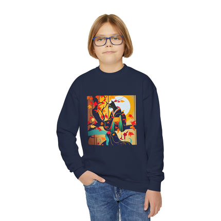 Black Cat in Kimono Youth Crewneck Sweatshirt