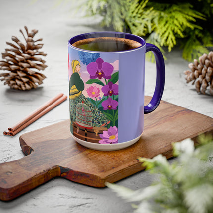 The Lady And The Crimson Birdcage Colorful Mugs – Art Deco Tropical Garden Elegance