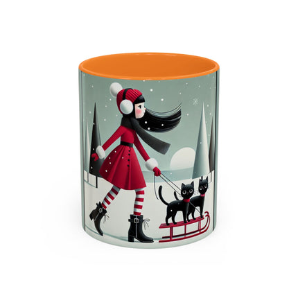 Red Sled & Curious Cats Colorful Mugs (11oz, 15oz)