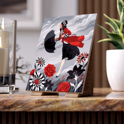 🌹☂️ The Lady In The Storm Ceramic Tile – Art Deco Floral Drama