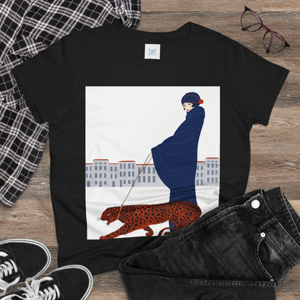 🐆🖤 The Lady With The Leopard Cotton Tee – Art Deco Fashion Illustration