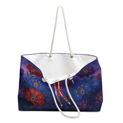 🦚🌺 The Enchanted Peacock Blossom Dancer Weekender Bag – Art Deco Floral Fantasy