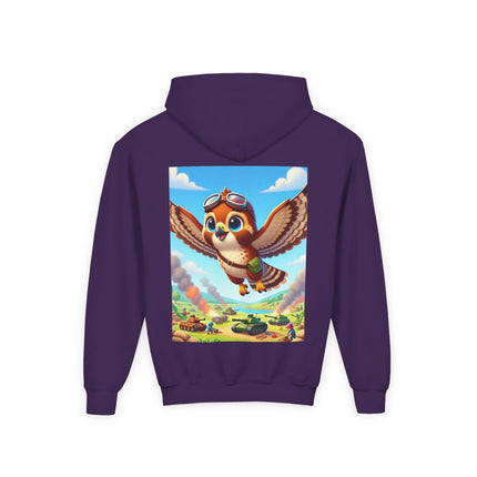 Red-Tailed Hawk in Battle Youth Hooded Sweatshirt – Flight, Courage & High-Flying Adventure