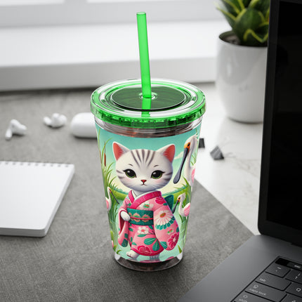 Geisha Kitten Strolls Among the Spoonbills Sunsplash Tumbler with Straw, 16oz