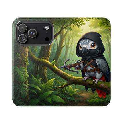 🪶🌲 The African Grey Sentinel Flip Case – Quiet Strength & Woodland Adventure