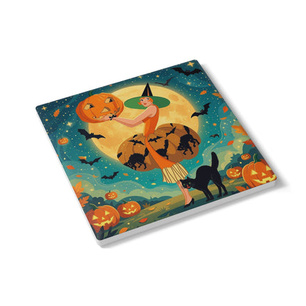 🦇🎃 The Witch Of Batwing Pumpkin Hollow Ceramic Coaster – Moonlit Halloween Charm