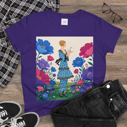 🐇🌺 The Little Rabbit Garden Cotton Tee – Art Deco Floral Whimsy