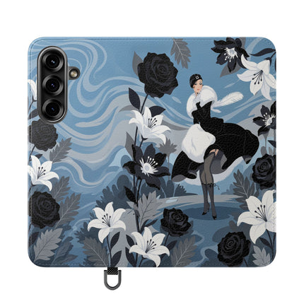 🖤🤍 The Lady Of The Black Rose Garden Flip Case – Art Deco Floral Elegance
