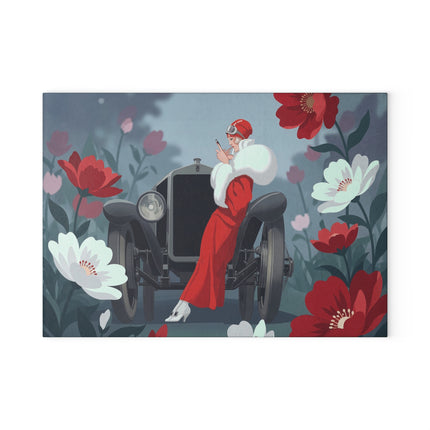 🚗🌺 The Lady Of The Scarlet Roadster Glass Cutting Board – Art Deco Motoring Elegance