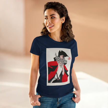 Crimson Masquerade Women's Midweight Cotton Tee – Dramatic Elegance & Art Deco Mystery