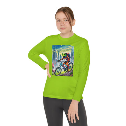 Cyberpunk Frog Youth Long Sleeve Competitor Tee – Neon Trails & Futuristic Adventure