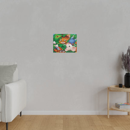 Whimsical Adventure – Playful Cat and Mice in a Colorful Forest