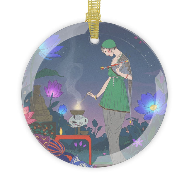 🌙🪷 Moonlit Incense Ceremony Glass Ornament – Art Deco Meditation Garden