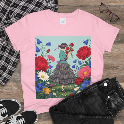 🌹💙 The Rose Bouquet Promenade Cotton Tee – Art Deco Floral Whimsy