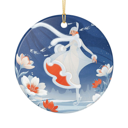❄️⛸️ The Winter Skater’s Flight Ceramic Ornament – Art Deco Floral Fantasy