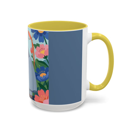 The Lady And The Mysterious Bird Colorful Mugs – Art Deco Botanical Mystery