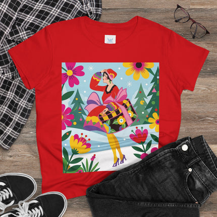 🎄🌺 Christmas In The Winter Garden Cotton Tee – Art Deco Holiday Whimsy