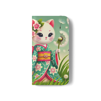 🌾🌼 Geisha Kitten and the Dandelion Wish Flip Case – Gentle Wishes & Quiet Wonder