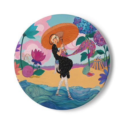 🌊☂️ The Lady Of The Flowered Seashore Ceramic Coaster – Art Deco Seaside Fashion