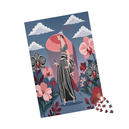 🌸🖤 The Striped Orchid Promenade Puzzle – Art Deco Floral Fashion