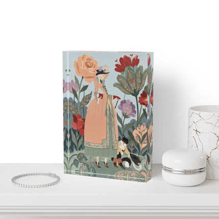 🌸🐈 The Lady And Puss In Boots Grand Floral Promenade Acrylic Art Block – Art Deco Fashion Whimsy