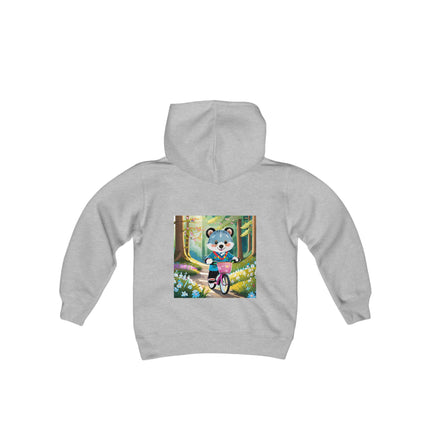 Furry Cyclist Youth Hooded Sweatshirt – Playful Adventure & Sunny Forest Fun