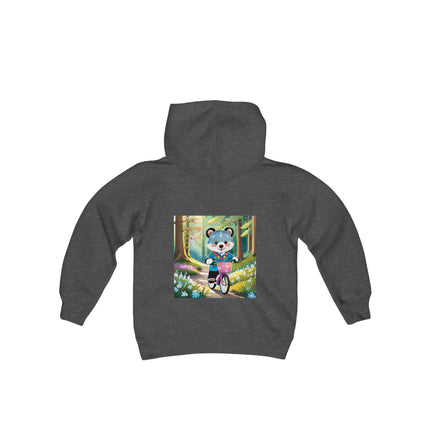 Furry Cyclist Youth Hooded Sweatshirt – Playful Adventure & Sunny Forest Fun