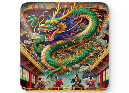 Tibetan Dragon Over Kabuki Duel Corkwood Coaster Set