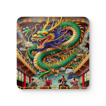 Tibetan Dragon Over Kabuki Duel Corkwood Coaster Set