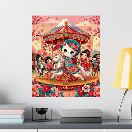 🎠🌸 Geisha Kitten's Enchanted Carousel Ride Matte Vertical Poster – Whimsical Dreams & Cherry Blossom Magic