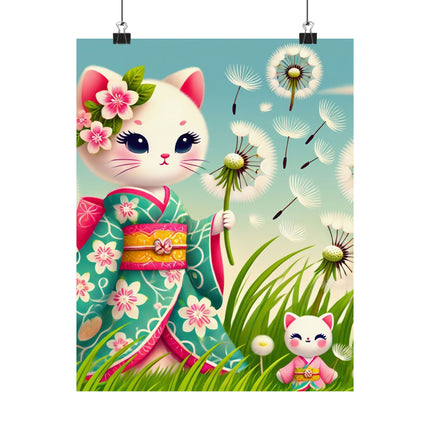 🌾🌼 Geisha Kitten and the Dandelion Wish Matte Vertical Poster – Gentle Wishes & Quiet Wonder