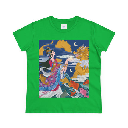 Dragon Pearl Offering Women's Midweight Cotton Tee – Mystical Fantasy & Golden Grace