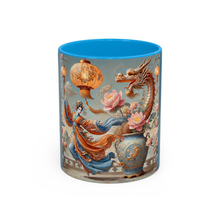 Golden Dragon & Lantern Lady Colorful Mug – Imperial Dragon & Elegant Harmony