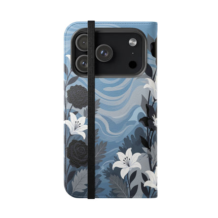 🖤🤍 The Lady Of The Black Rose Garden Flip Case – Art Deco Floral Elegance