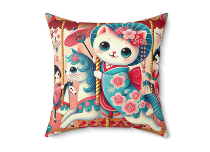 Geisha Kitten's Enchanted Carousel Ride Spun Polyester Square Pillow