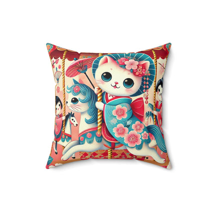 Geisha Kitten's Enchanted Carousel Ride Spun Polyester Square Pillow