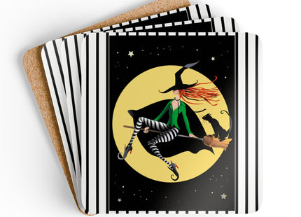 A Witch’s Moonlit Flight Corkwood Coaster Set