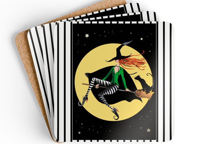 A Witch’s Moonlit Flight Corkwood Coaster Set