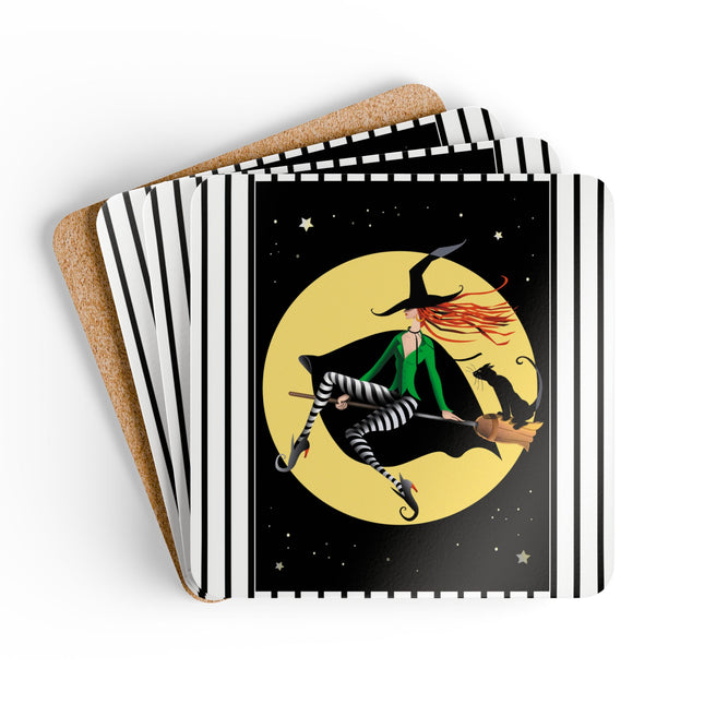 A Witch’s Moonlit Flight Corkwood Coaster Set
