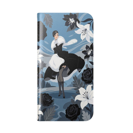 🖤🤍 The Lady Of The Black Rose Garden Flip Case – Art Deco Floral Elegance