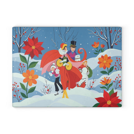 🎄🌺 The Christmas Carolers In The Poinsettia Garden Glass Cutting Board – Whimsical Holiday Fantasy