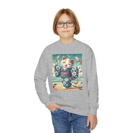 Geisha Kitten by the Seaside Youth Crewneck Sweatshirt – Coastal Charm, Joy & Whimsical Elegance