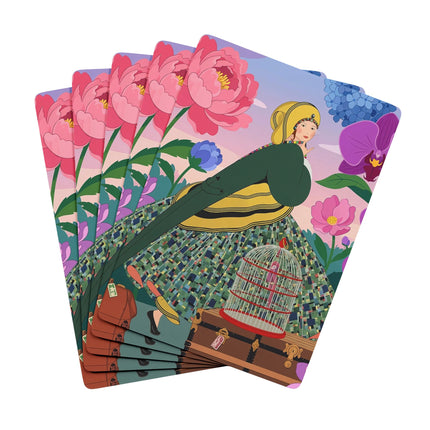 🕊️🌺 The Lady And The Crimson Birdcage Playing Cards – Art Deco Tropical Garden Elegance