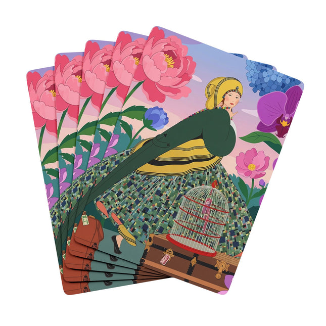 🕊️🌺 The Lady And The Crimson Birdcage Playing Cards – Art Deco Tropical Garden Elegance