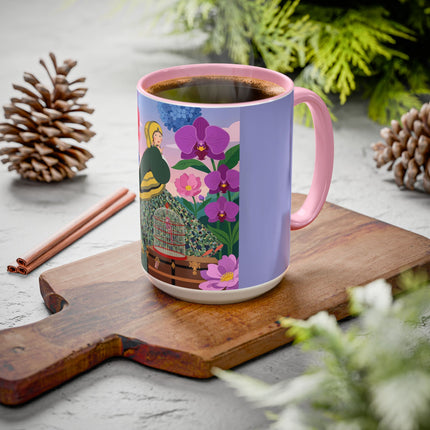 The Lady And The Crimson Birdcage Colorful Mugs – Art Deco Tropical Garden Elegance