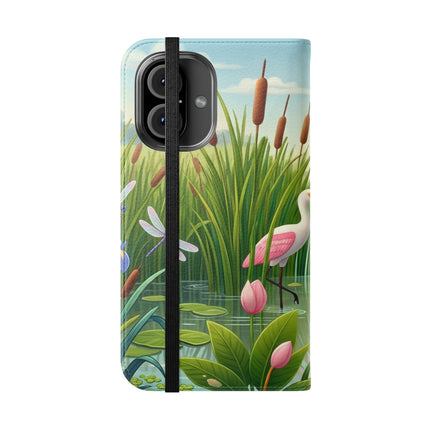 🦩🌸 Geisha Kitten Strolls Among the Spoonbills Flip Case – Serene Grace & Marshland Wonder